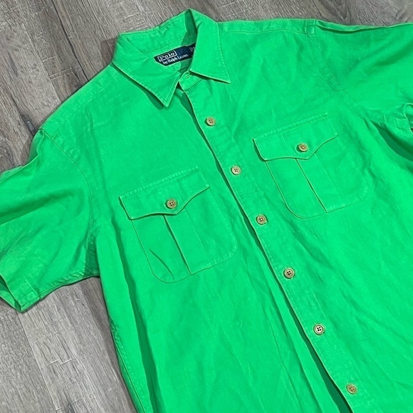 Mens Medium Polo Ralph Lauren Linen Cotton Light Green Shirt Sleeve Safari Shirt - Picture 3 of 8